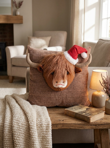Highland Cow Christmas Cushion 45cm with Festive Santa Hat Design for Holiday Decor