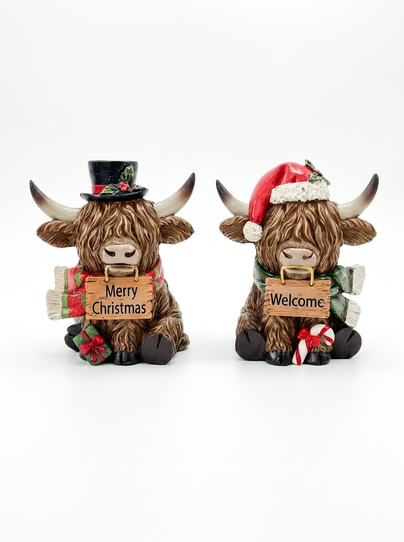 Highland Cow Christmas Figurines 14cm 2 Designs - Merry Christmas & Welcome Signs - 1 Item Per Order