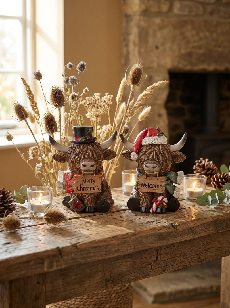 Highland Cow Christmas Figurines 14cm 2 Designs - Merry Christmas & Welcome Signs - 1 Item Per Order