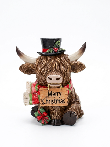 Highland Cow Christmas Figurines 14cm 2 Designs - Merry Christmas & Welcome Signs - 1 Item Per Order