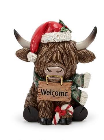 Highland Cow Christmas Figurines 14cm 2 Designs - Merry Christmas & Welcome Signs - 1 Item Per Order