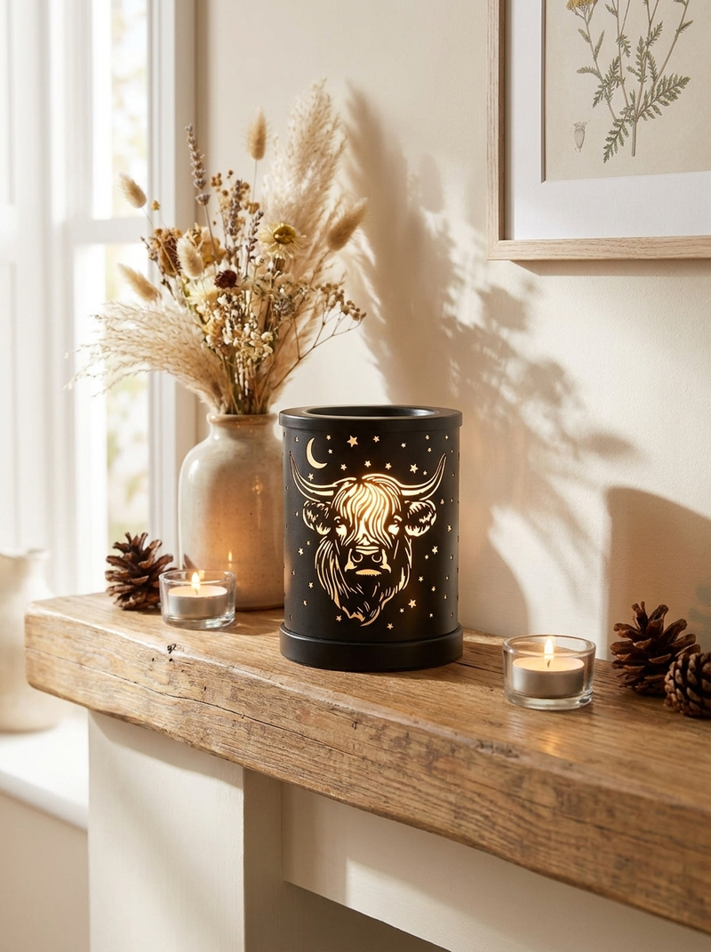Highland Cow Electric Wax Melt Burner with Metal Cut-out Design for Aroma Diffusion and Cozy Ambiance 230V 19W UKCA & CE Certified