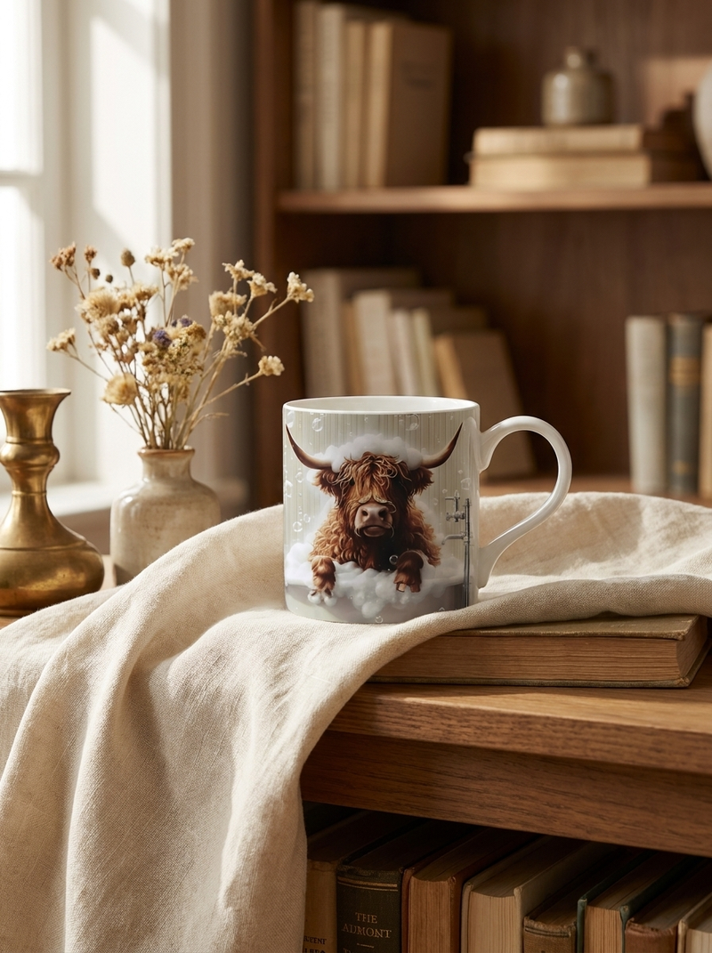 Highland Cow In Bat Tub Mug, Tea Cup, Coffee Mug