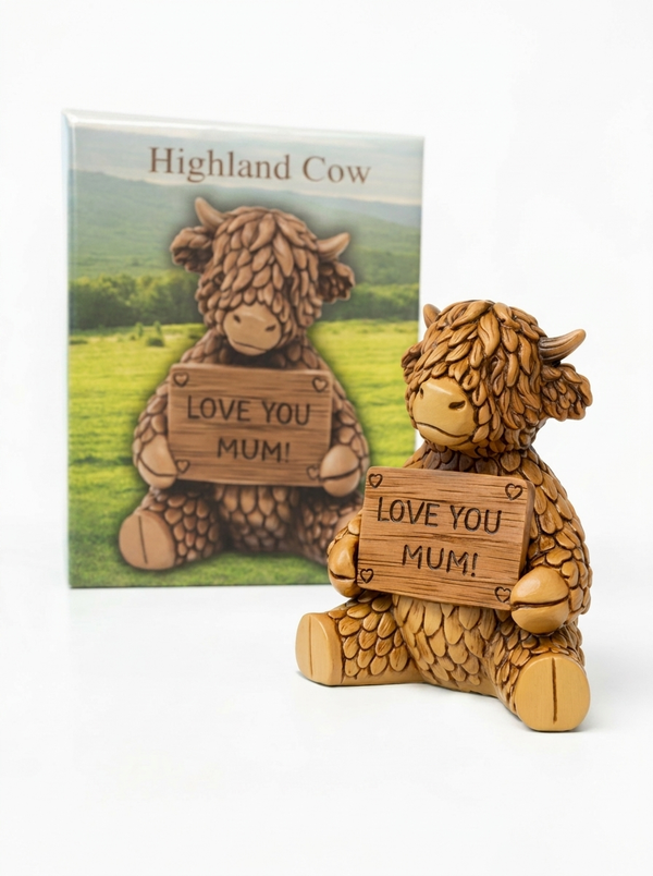 Highland Cow Love You Mum Figurine 9cm x 9cm x 11cm Polyresin Home Decor Mother’s Day Gift Hand-Finished Vintage Charm