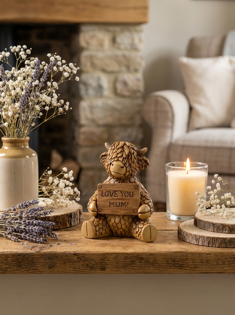 Highland Cow Love You Mum Figurine 9cm x 9cm x 11cm Polyresin Home Decor Mother’s Day Gift Hand-Finished Vintage Charm