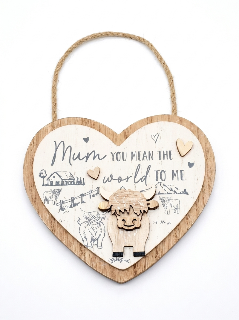 Highland Cow Mothers Day Heart Shaped Plaque with 'Mum You Mean the World to Me' Message and Wooden Cow Ornament 18cm x 2cm x 16cm