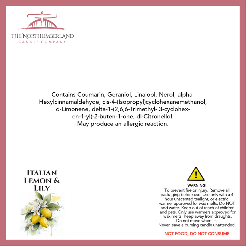 Italian Lemon & Lily 50g Snap Bar - safety label, ingredients and warnings