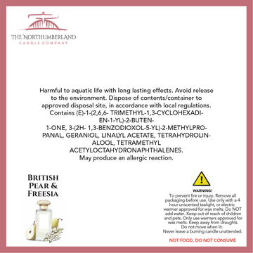 British Pear & Freesia 50g Snap Bar - safety label, ingredients and warnings