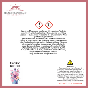Exotic Bloom 50g Snap Bar - safety label, ingredients and warnings