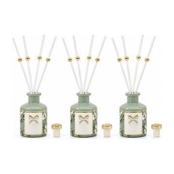 Madeline sage green set: three 50ml reed diffusers with gold-bead reeds and stoppers