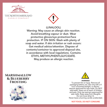 Marshmallow & Blueberry Frosting 50g Snap Bar - safety label, ingredients and warnings