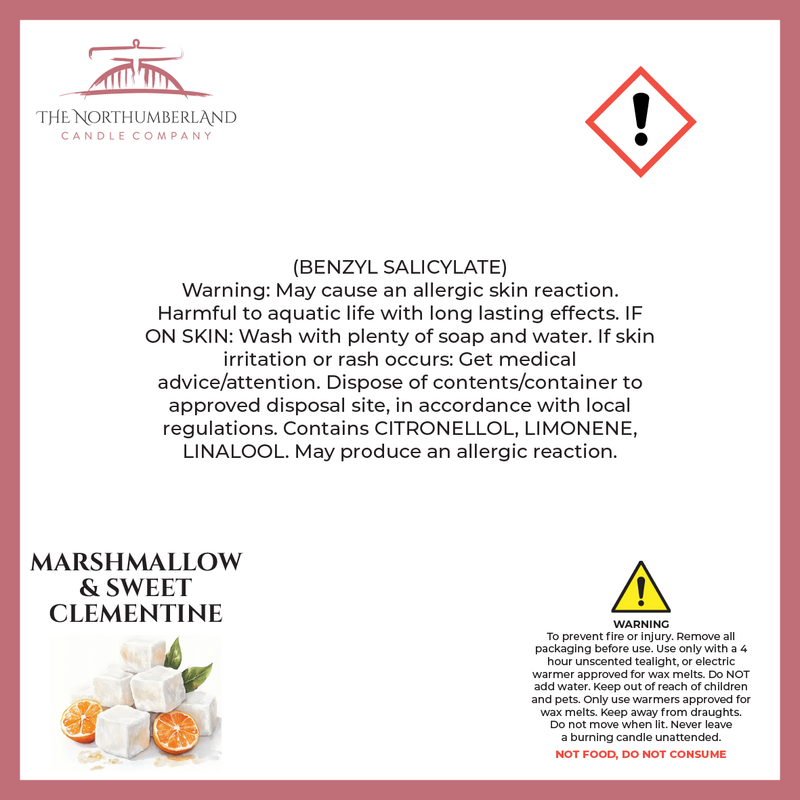 Marshmallow & Sweet Clementine 50g Snap Bar - safety label, ingredients and warnings
