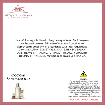 Coco & Sandalwood 50g Snap Bar - safety label, ingredients and warnings