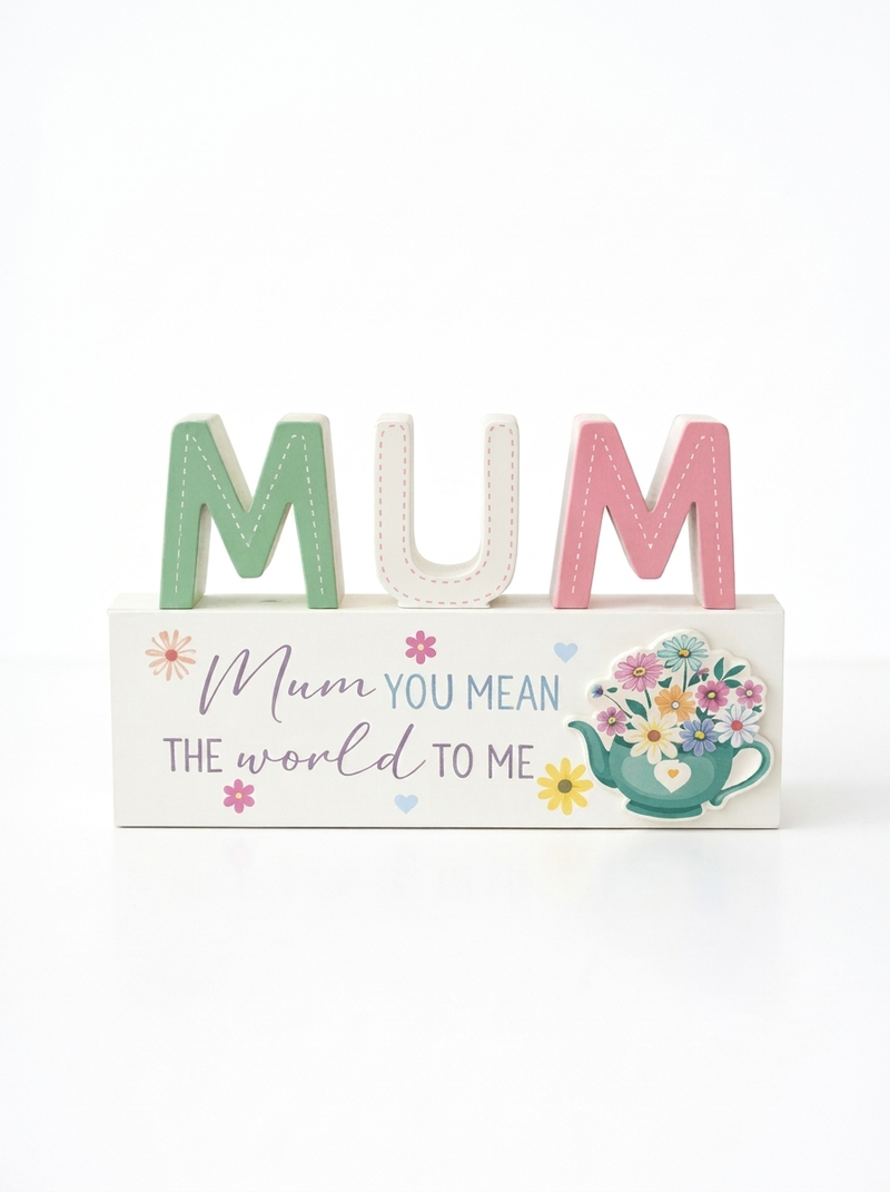 Mum Wooden Plaque 18cm x 11cm x 2cm with Floral Design and Inspirational Message for Mother's Day