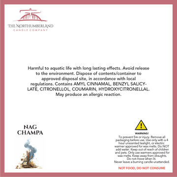 Nag Champa 50g Snap Bar - safety label, ingredients and warnings