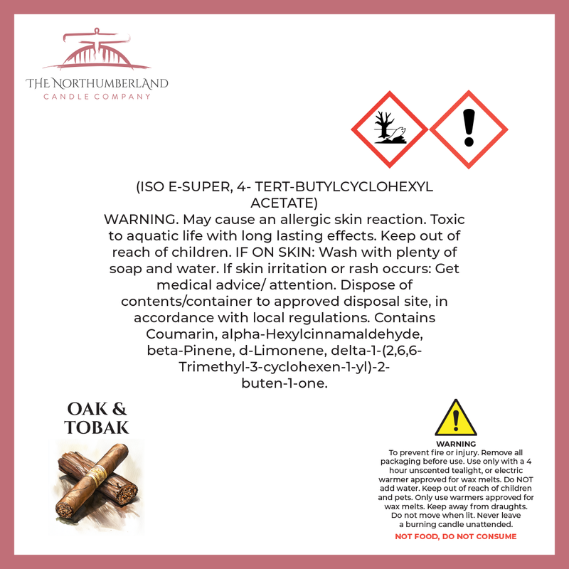 Oak & TobaK 50g Snap Bar - safety label, ingredients and warnings