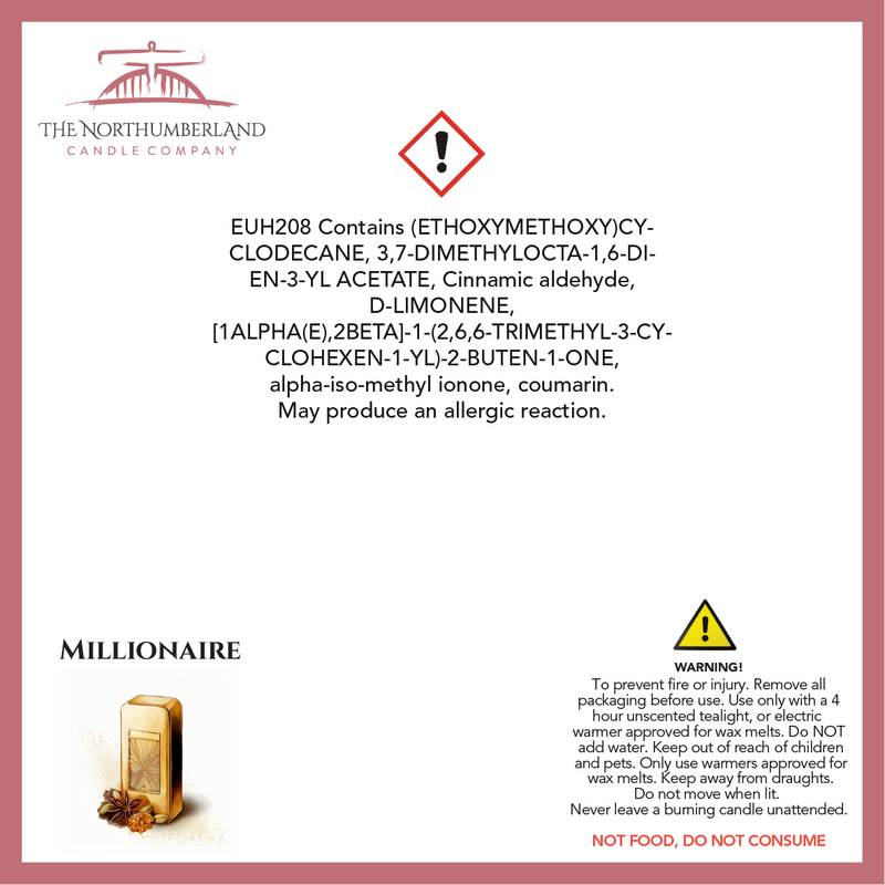 Millionaire 50g Snap Bar - safety label, ingredients and warnings