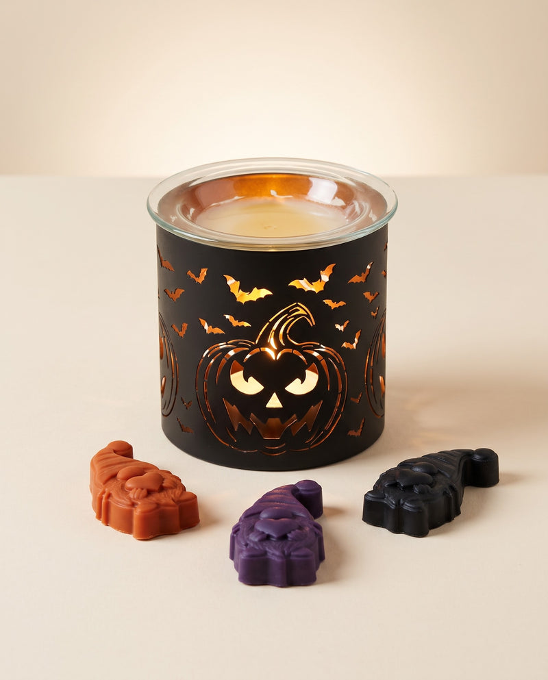Halloween pumpkin tealight burner with glass dish and three mystery gonk melts
