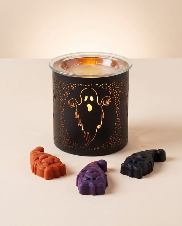 Ghost tealight burner with glass dish and 3 mystery gonk melts