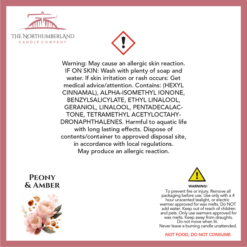 Peony & Amber 50g Snap Bar - safety label, ingredients and warnings