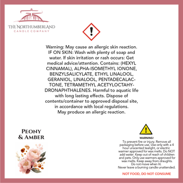 Peony & Amber 50g Snap Bar - safety label, ingredients and warnings