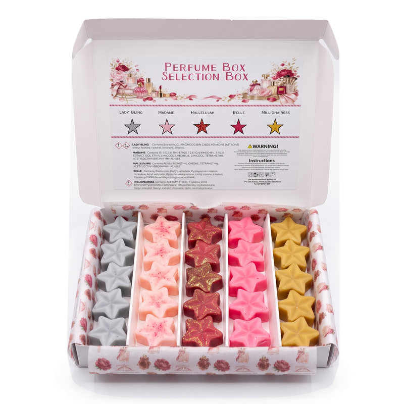 Perfume Box Selection Box with 25 star wax melts: Lady Bling, Madame, Hallelujah, Belle and Millionairess