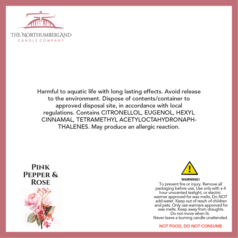 Pink Pepper & Rose 50g Snap Bar - safety label, ingredients and warnings