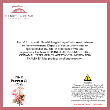 Pink Pepper & Rose 50g Snap Bar - safety label, ingredients and warnings