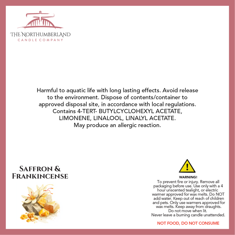 Saffron & Frankincense Snap Bar - safety label, ingredients and warnings