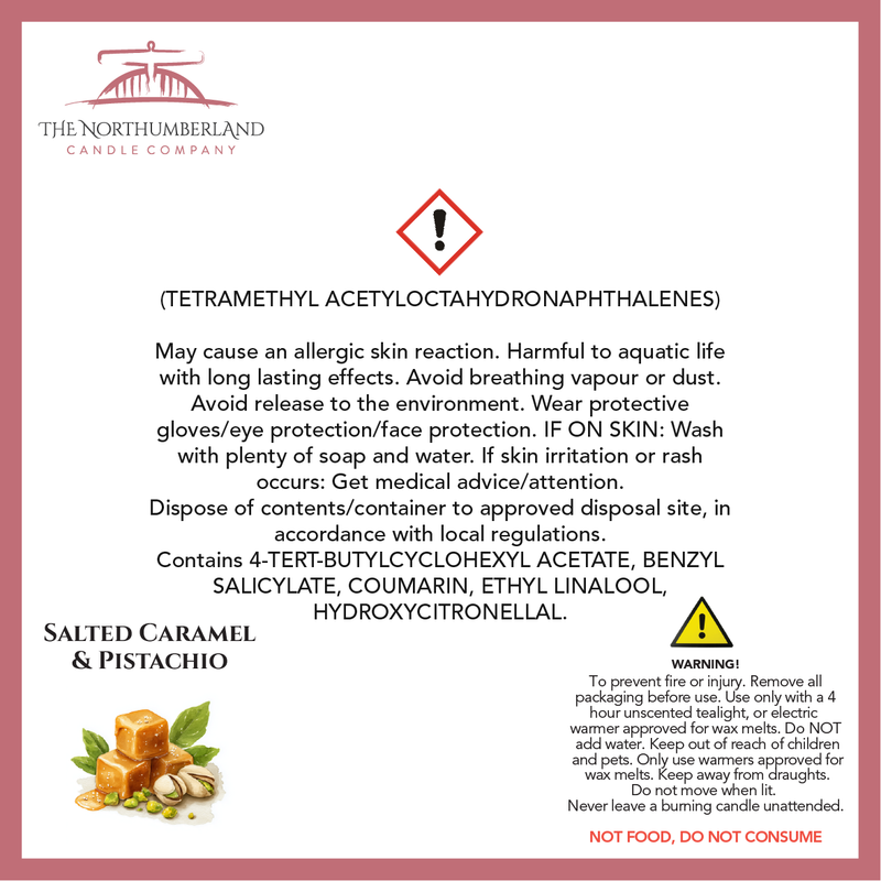 Salted Caramel & Pistachio 50g Snap Bar - safety label, ingredients and warnings