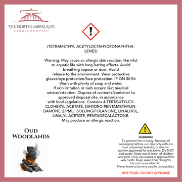 Oud Woodlands 50g Snap Bar - safety label, ingredients and warnings