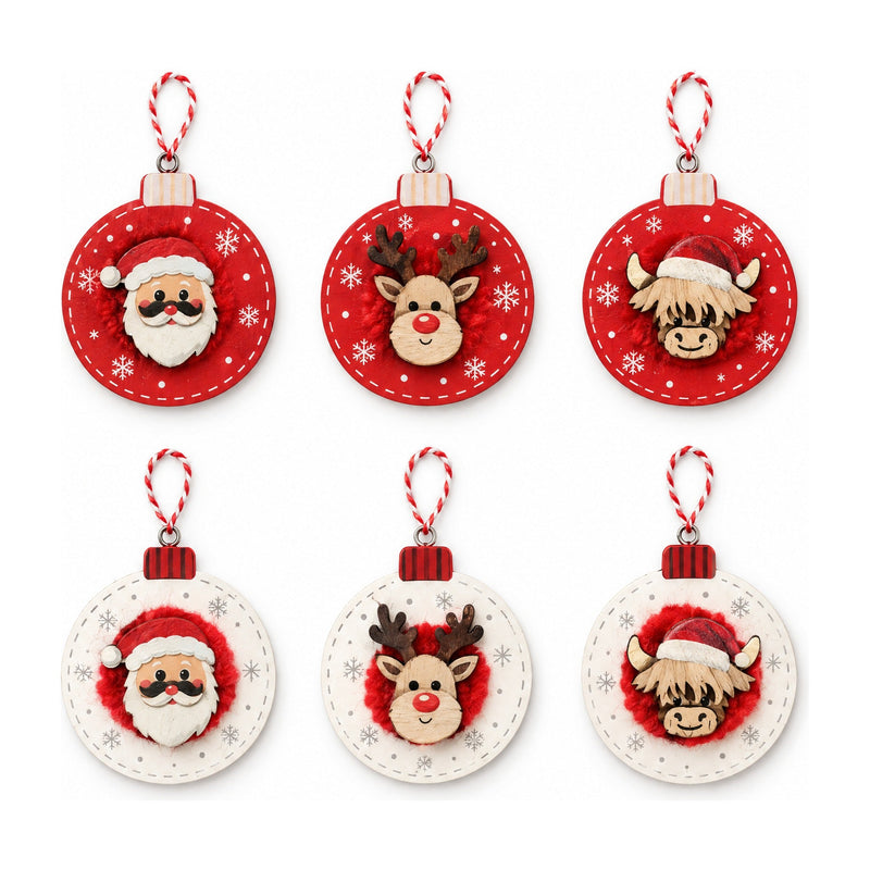 Wooden Christmas hanging decorations, Santa, Reindeer and Highland Cow
