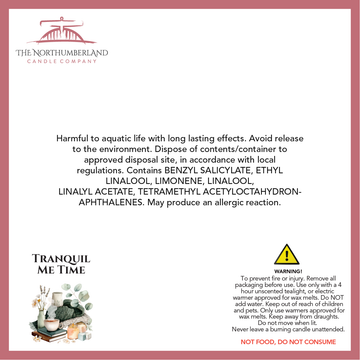 Tranquil Me Time 50g Snap Bar - safety label, ingredients and warnings