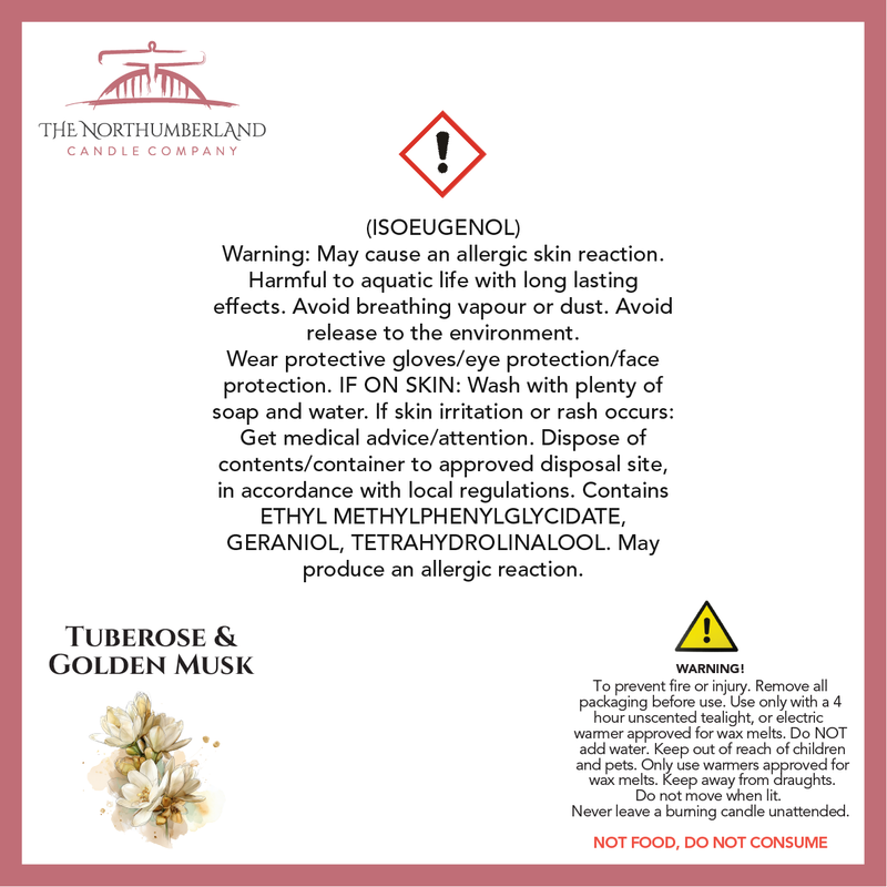 Tuberose & Golden Musk 50g Snap Bar - safety label, ingredients and warnings