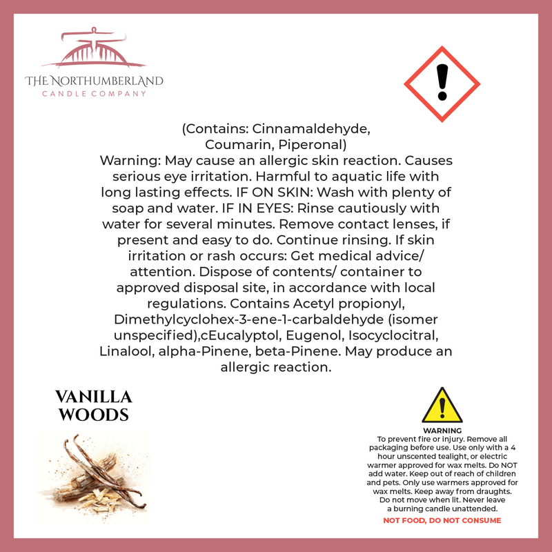Vanilla Woods 50g Snap Bar - safety label, ingredients and warnings