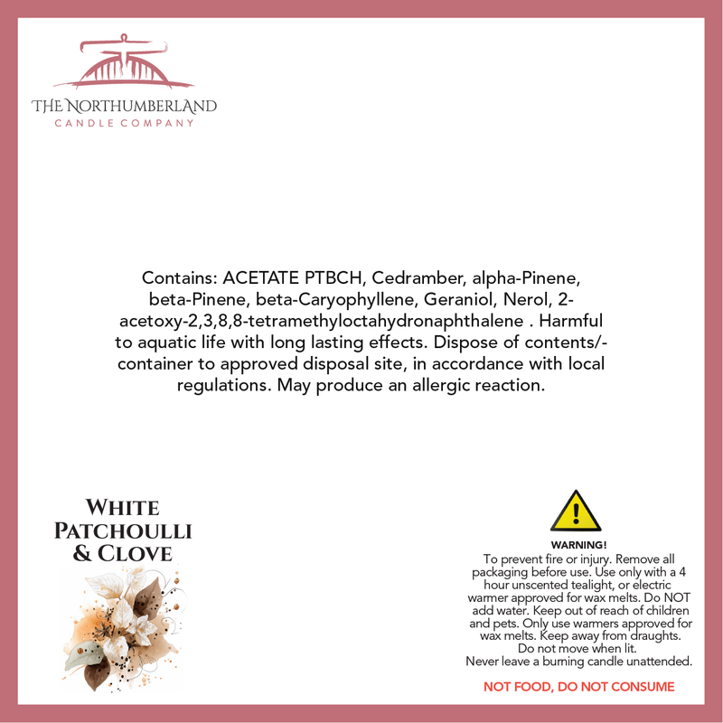 White Patchouli & Clove 50g Snap Bar - safety label, ingredients and warnings
