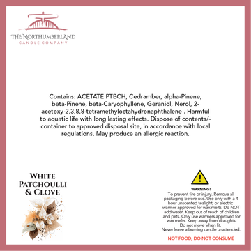 White Patchouli & Clove 50g Snap Bar - safety label, ingredients and warnings