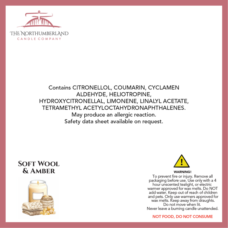 Soft Wool & Amber 50g Snap Bar - safety label, ingredients and warnings