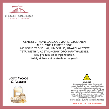 Soft Wool & Amber 50g Snap Bar - safety label, ingredients and warnings